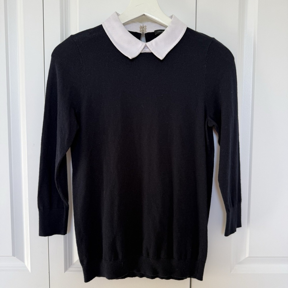 Ann Taylor Colared Preppy Navy Blue Sweater Size Small